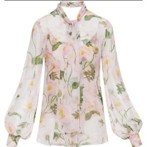 Women's Pink Floral Sheer Elegant Top - Tie Neck Long Sleeve Button Down Blouse!